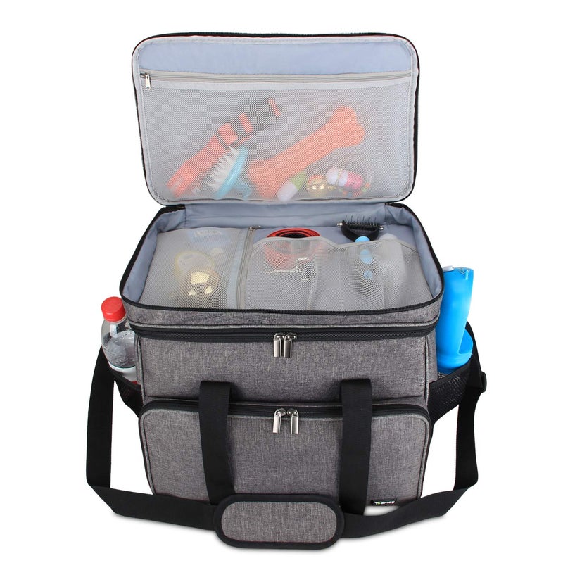 Teamoy Double Layer Dog Travel Bag, Dog Bag for Supplies with 2 Silicone Collapsible Bowls, 2 Food Carriers, 1 Water-Resistant Placemat, Pet Supplies Weekend Tote Organizer (Large, Gray) - Image 2